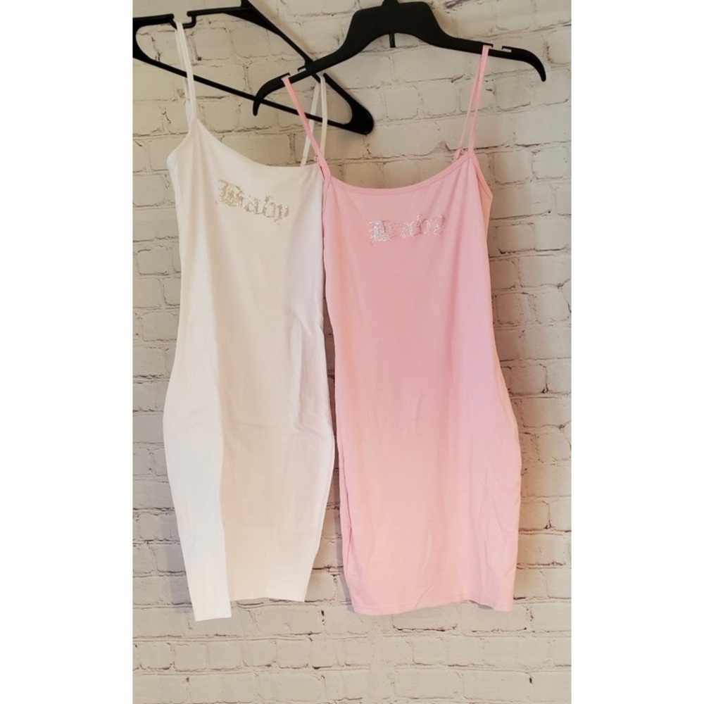 Two Rhinestone Baby Logo Bodycon Cami Dresses Pink and White Size Small New